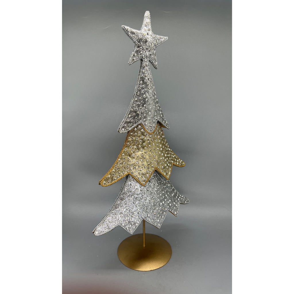 Set of 2 Metallic Silver & Gold Christmas Tree Centerpieces - 16" & 18.5" Tabletop Decor