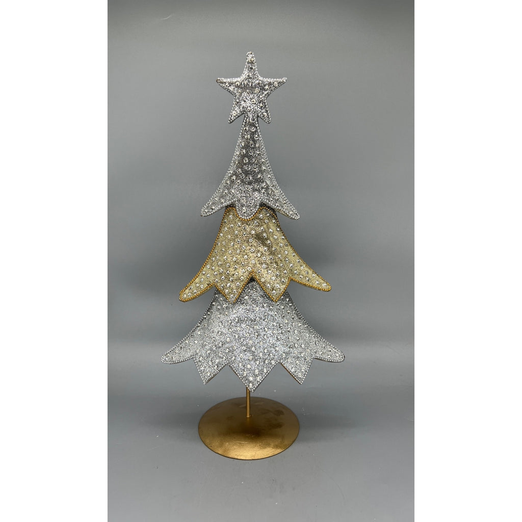 Set of 2 Metallic Silver & Gold Christmas Tree Centerpieces - 16" & 18.5" Tabletop Decor