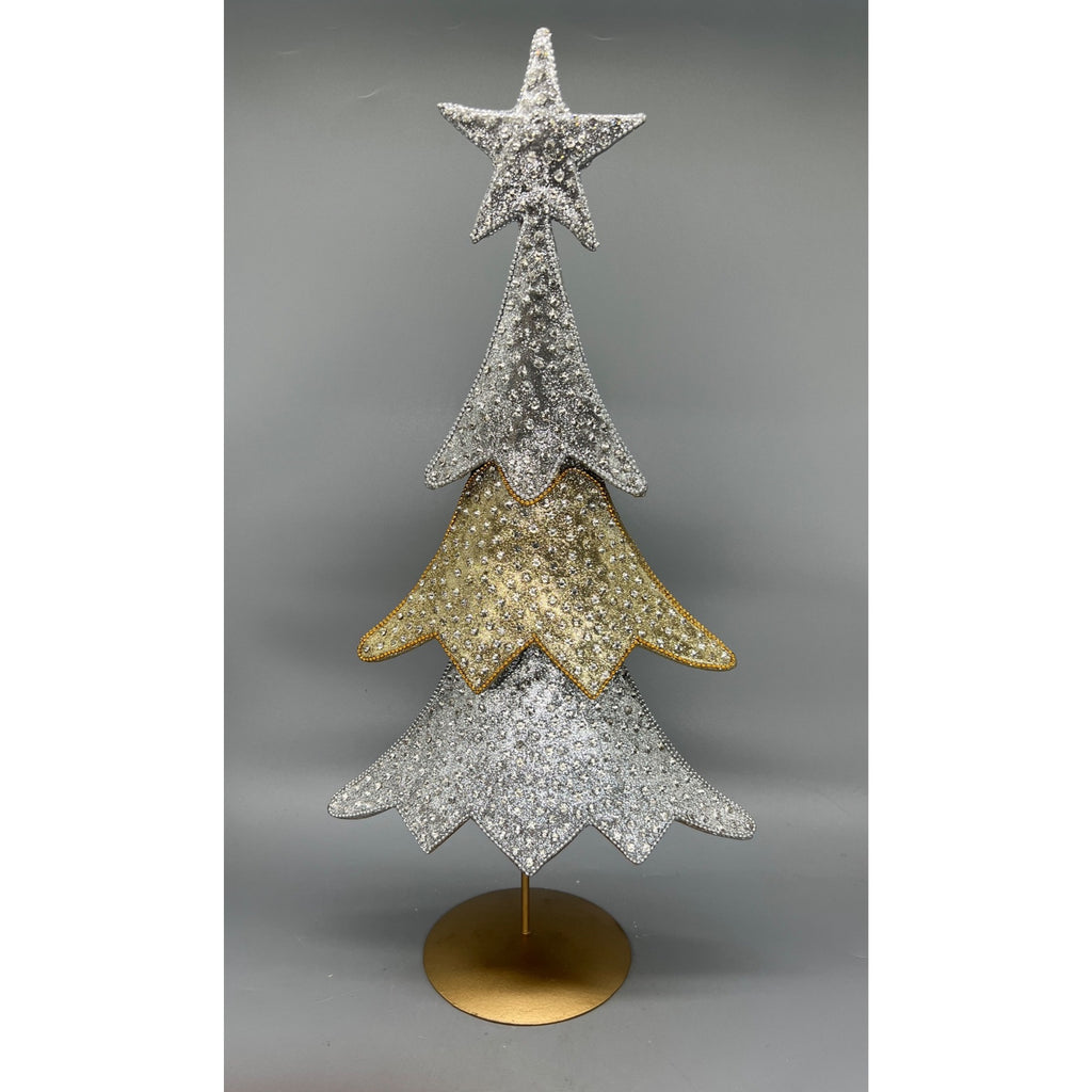 Set of 2 Metallic Silver & Gold Christmas Tree Centerpieces - 16" & 18.5" Tabletop Decor