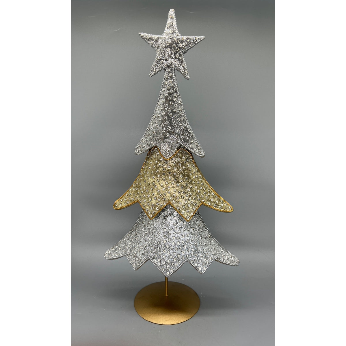 Set of 2 Metallic Silver & Gold Christmas Tree Centerpieces - 16" & 18.5" Tabletop Decor