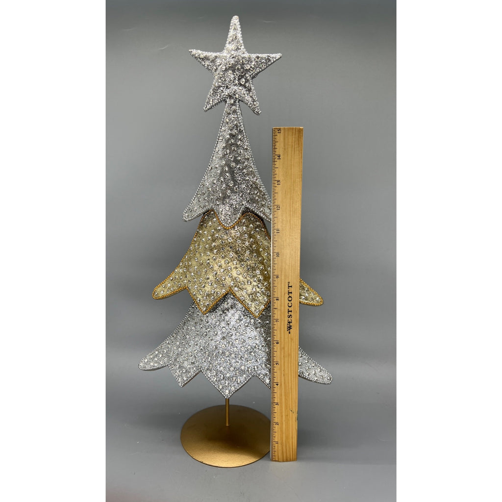 Set of 2 Metallic Silver & Gold Christmas Tree Centerpieces - 16" & 18.5" Tabletop Decor