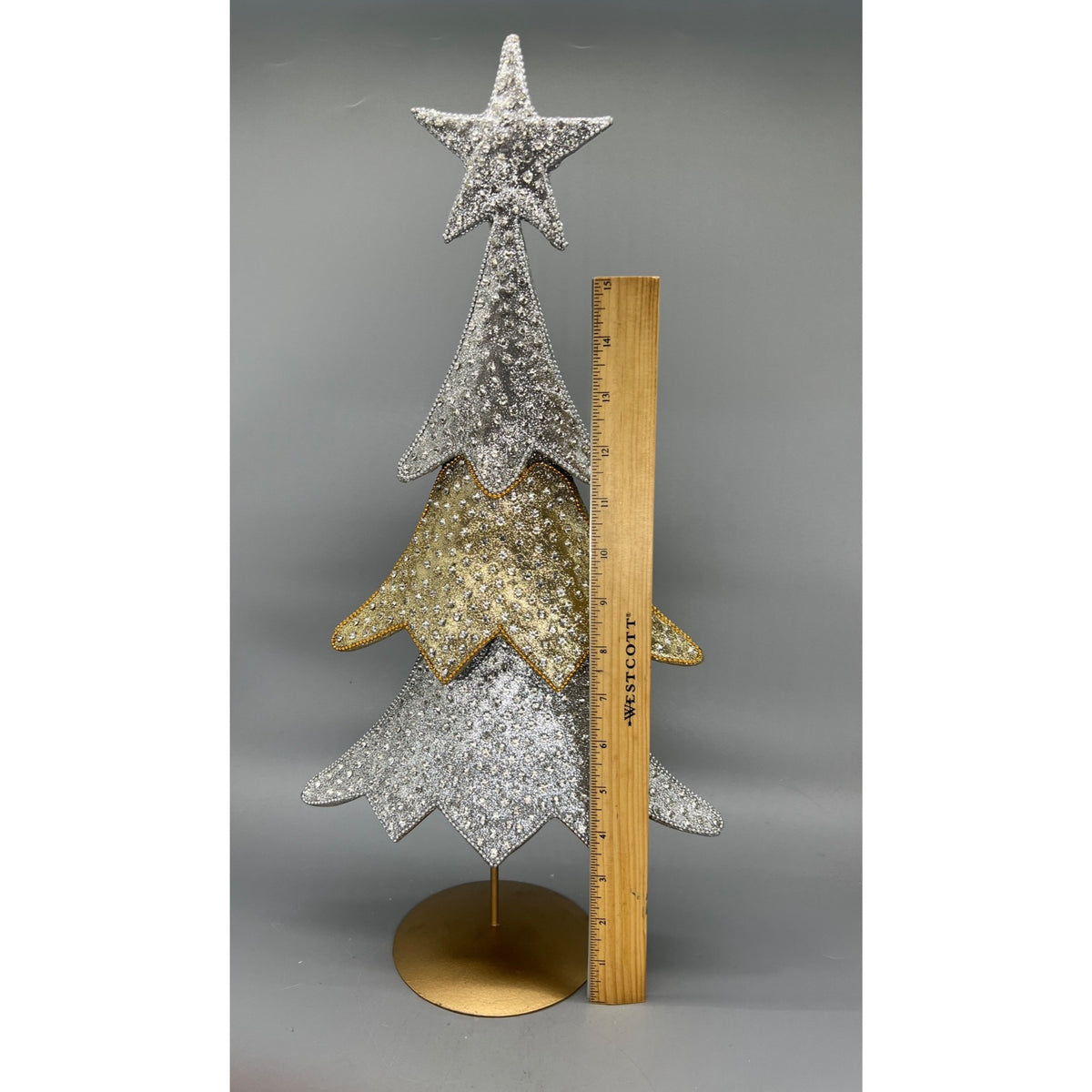 Set of 2 Metallic Silver & Gold Christmas Tree Centerpieces - 16" & 18.5" Tabletop Decor