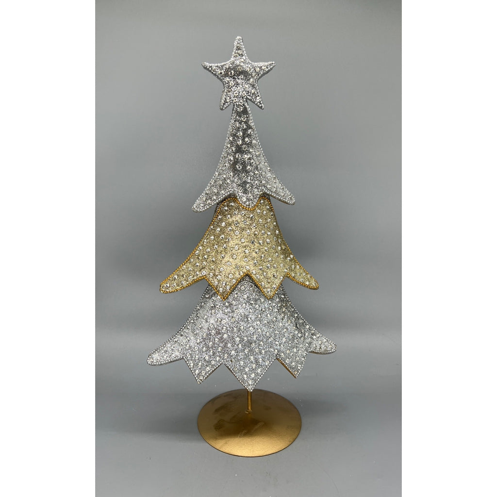 Set of 2 Metallic Silver & Gold Christmas Tree Centerpieces - 16" & 18.5" Tabletop Decor