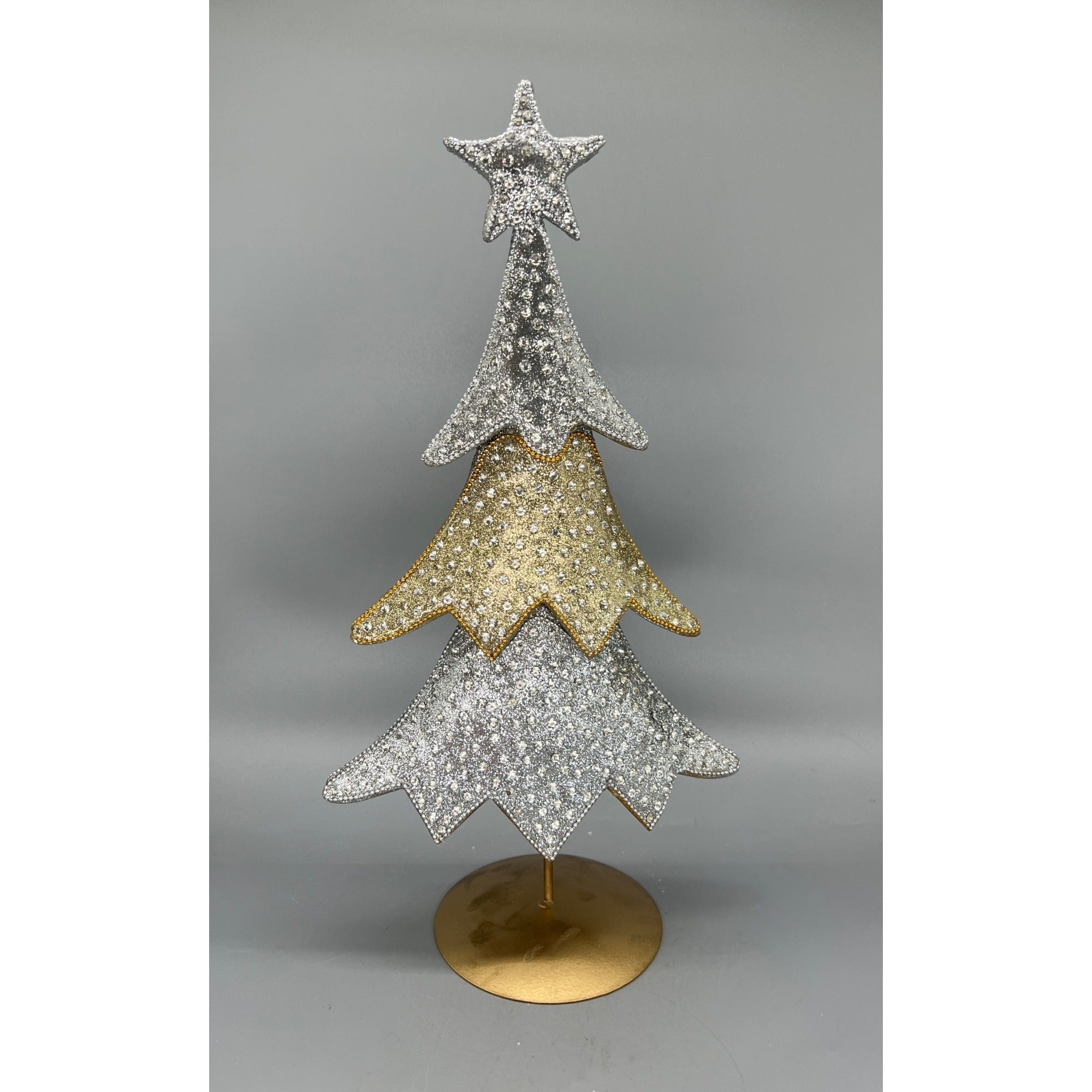 Set of 2 Metallic Silver & Gold Christmas Tree Centerpieces - 16" & 18.5" Tabletop Decor