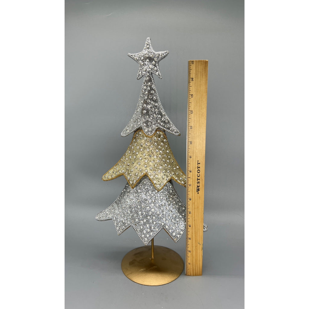 Set of 2 Metallic Silver & Gold Christmas Tree Centerpieces - 16" & 18.5" Tabletop Decor