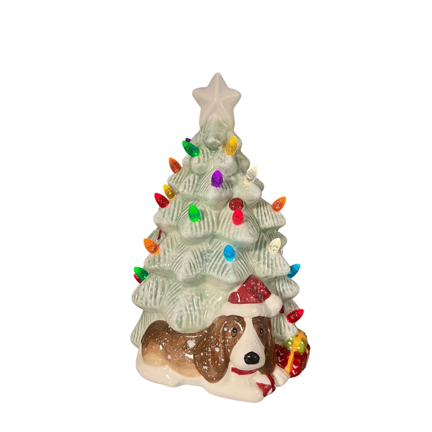 Ceramic Light-Up Christmas Tree With Dog Figurine 8" Tall Multicolor Lights Festive Holiday Decoration