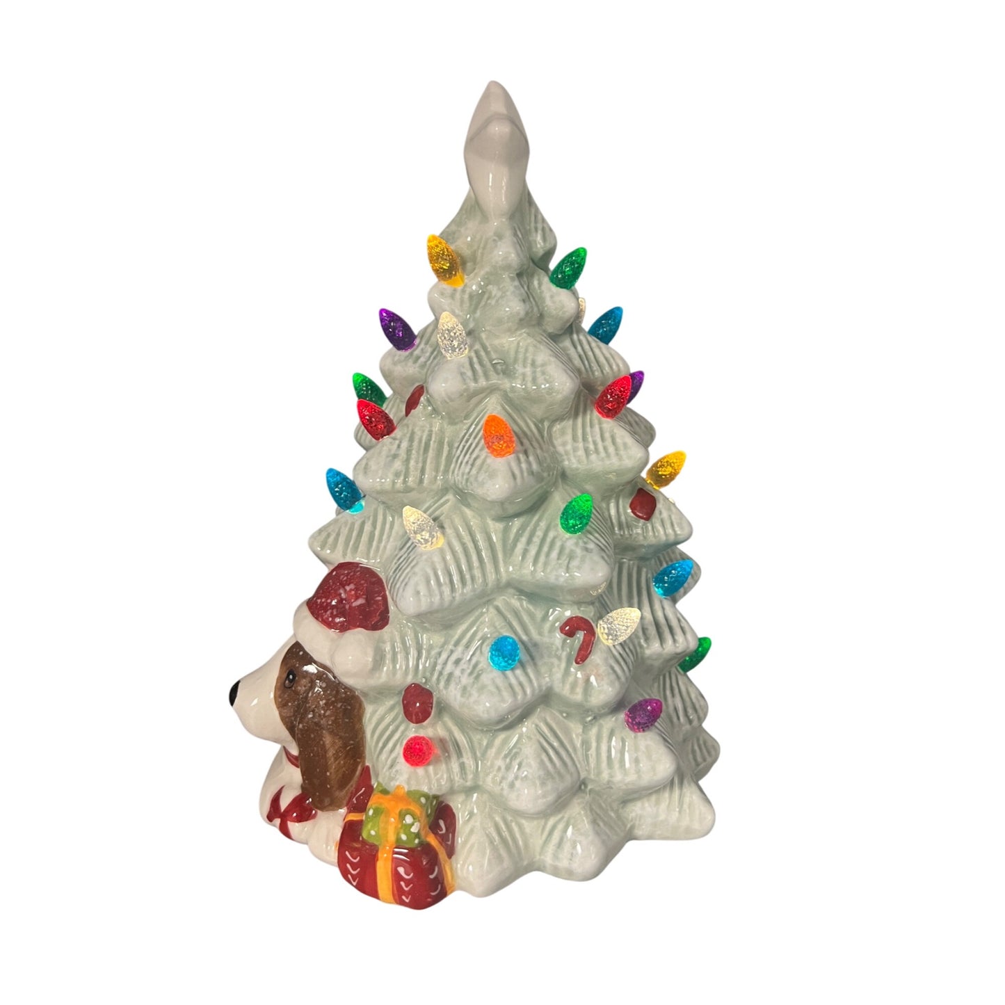 Ceramic Light-Up Christmas Tree With Dog Figurine 8" Tall Multicolor Lights Festive Holiday Decoration