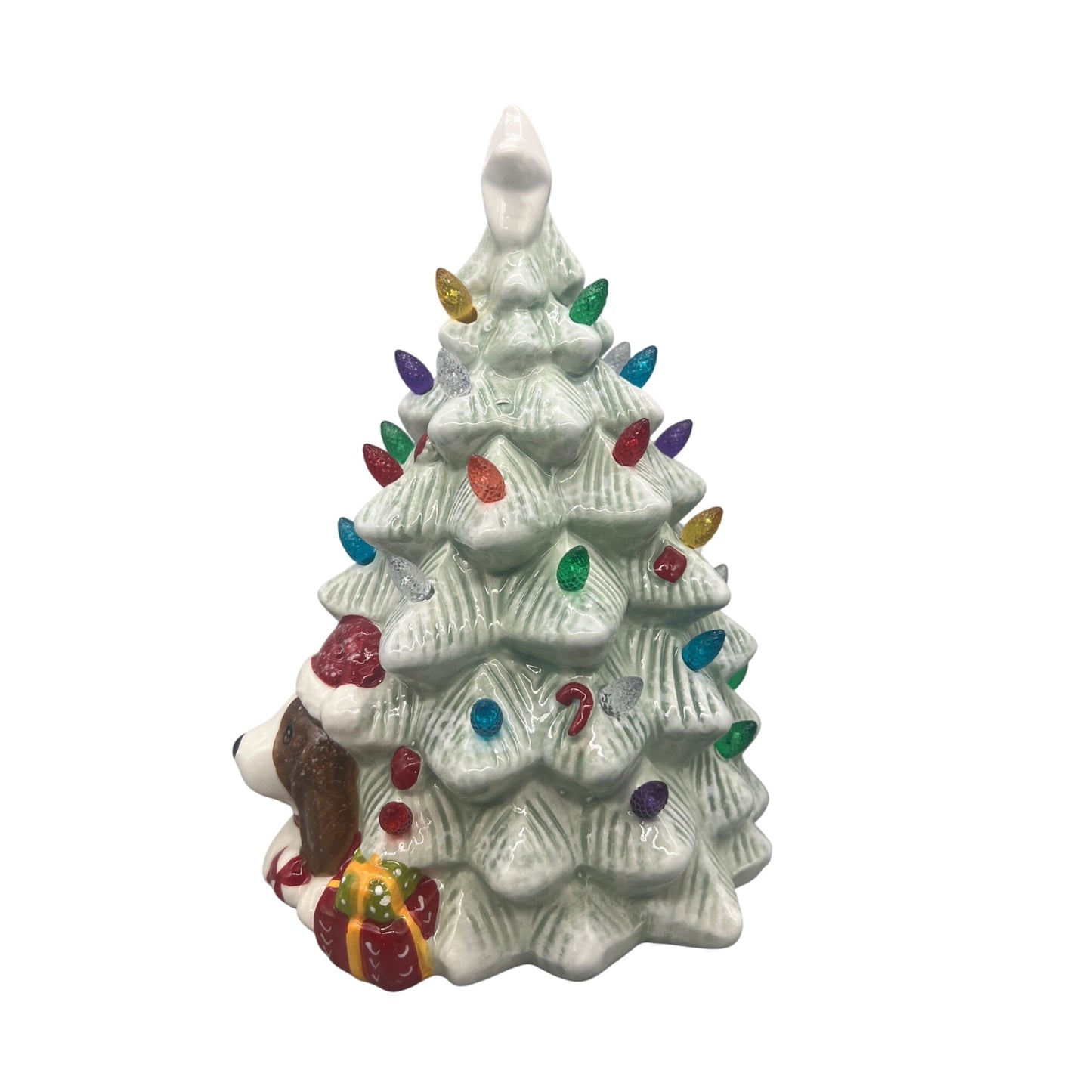 Ceramic Light-Up Christmas Tree With Dog Figurine 8" Tall Multicolor Lights Festive Holiday Decoration