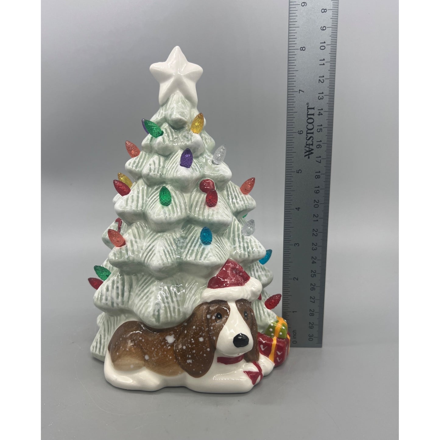 Ceramic Light-Up Christmas Tree With Dog Figurine 8" Tall Multicolor Lights Festive Holiday Decoration