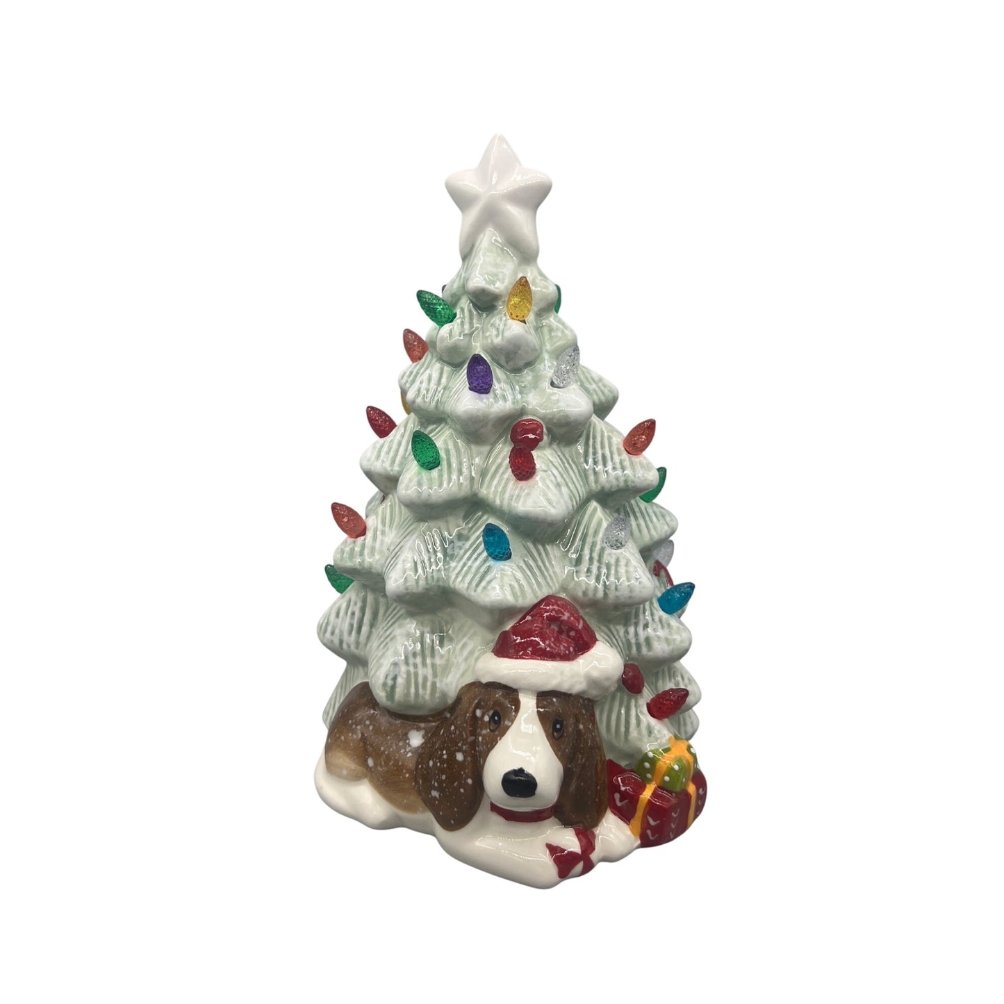Ceramic Light-Up Christmas Tree With Dog Figurine 8" Tall Multicolor Lights Festive Holiday Decoration