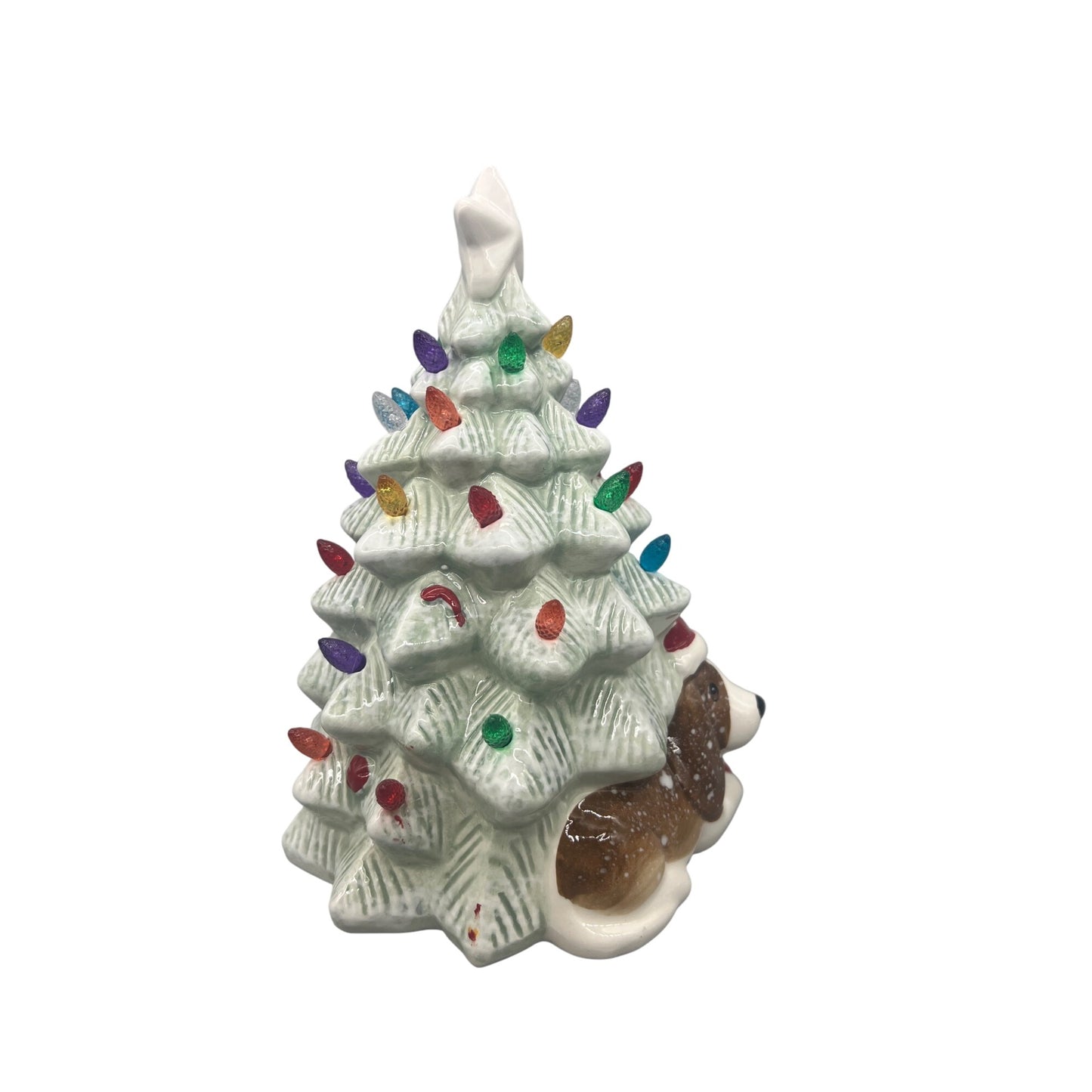 Ceramic Light-Up Christmas Tree With Dog Figurine 8" Tall Multicolor Lights Festive Holiday Decoration