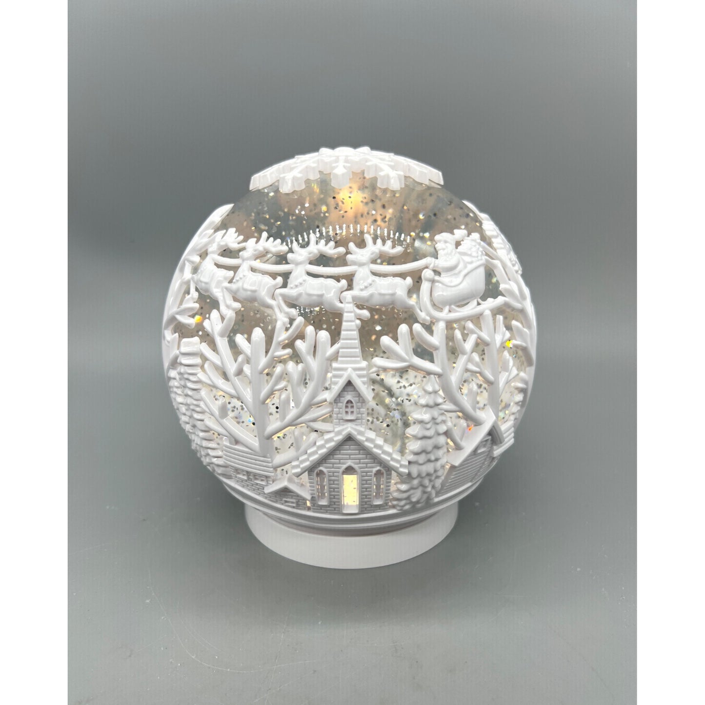 White Acrylic LED Spinning Water Globe With Church Scene & Snowflake Design 6.5”