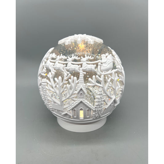 White Acrylic LED Spinning Water Globe With Church Scene & Snowflake Design 6.5”