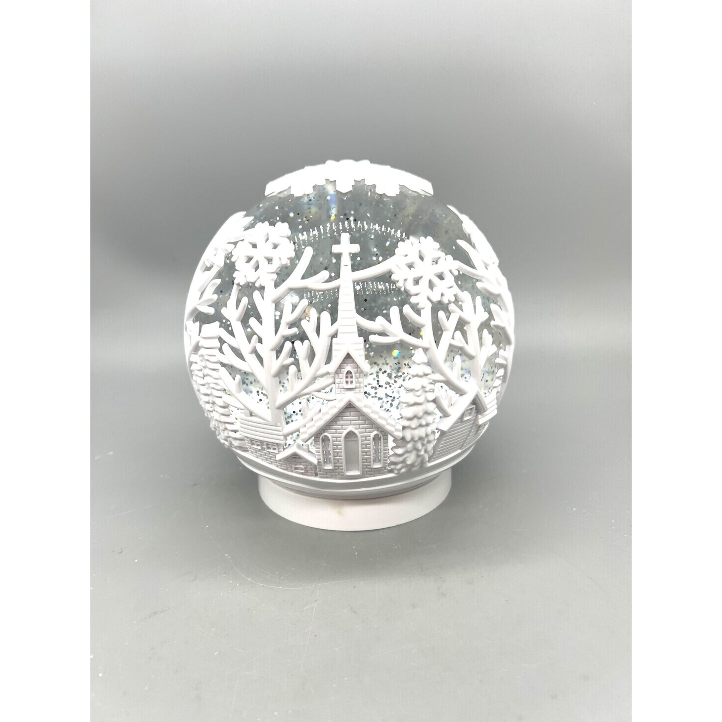 White Acrylic LED Spinning Water Globe With Church Scene & Snowflake Design 6.5”