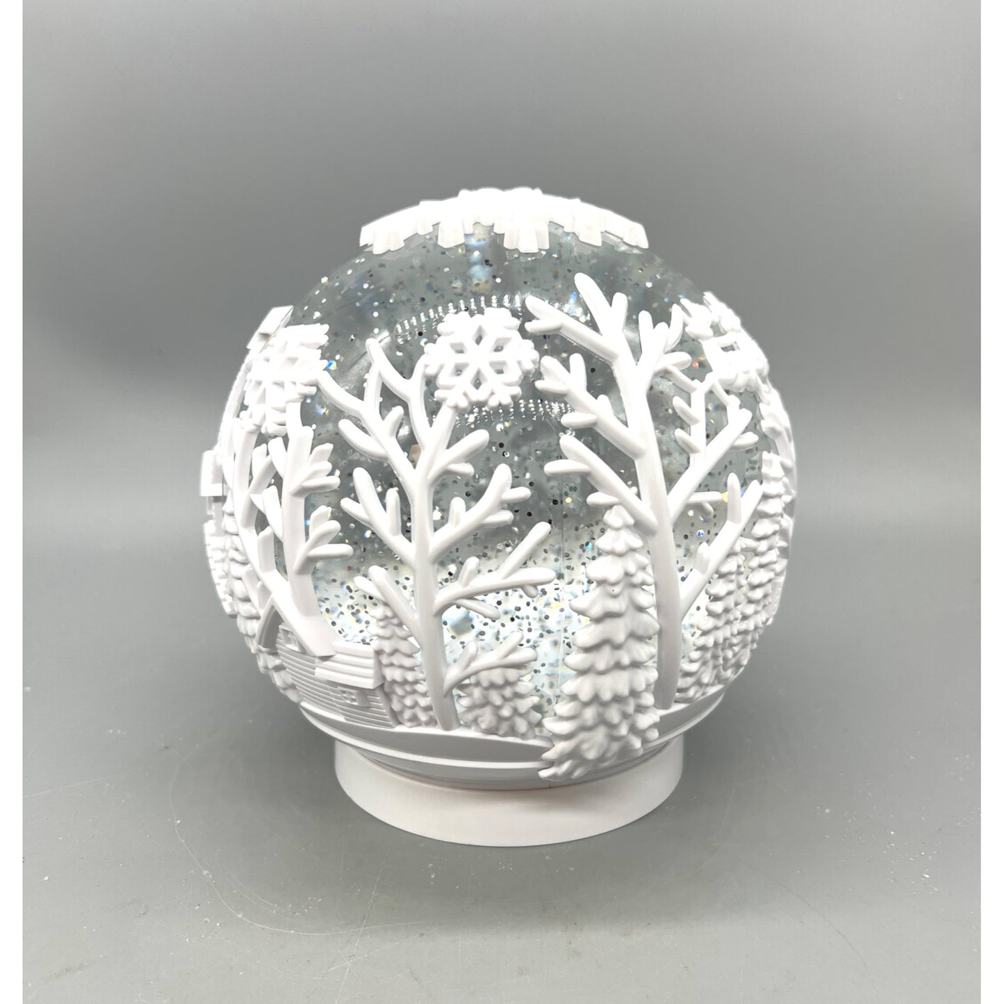 White Acrylic LED Spinning Water Globe With Church Scene & Snowflake Design 6.5”