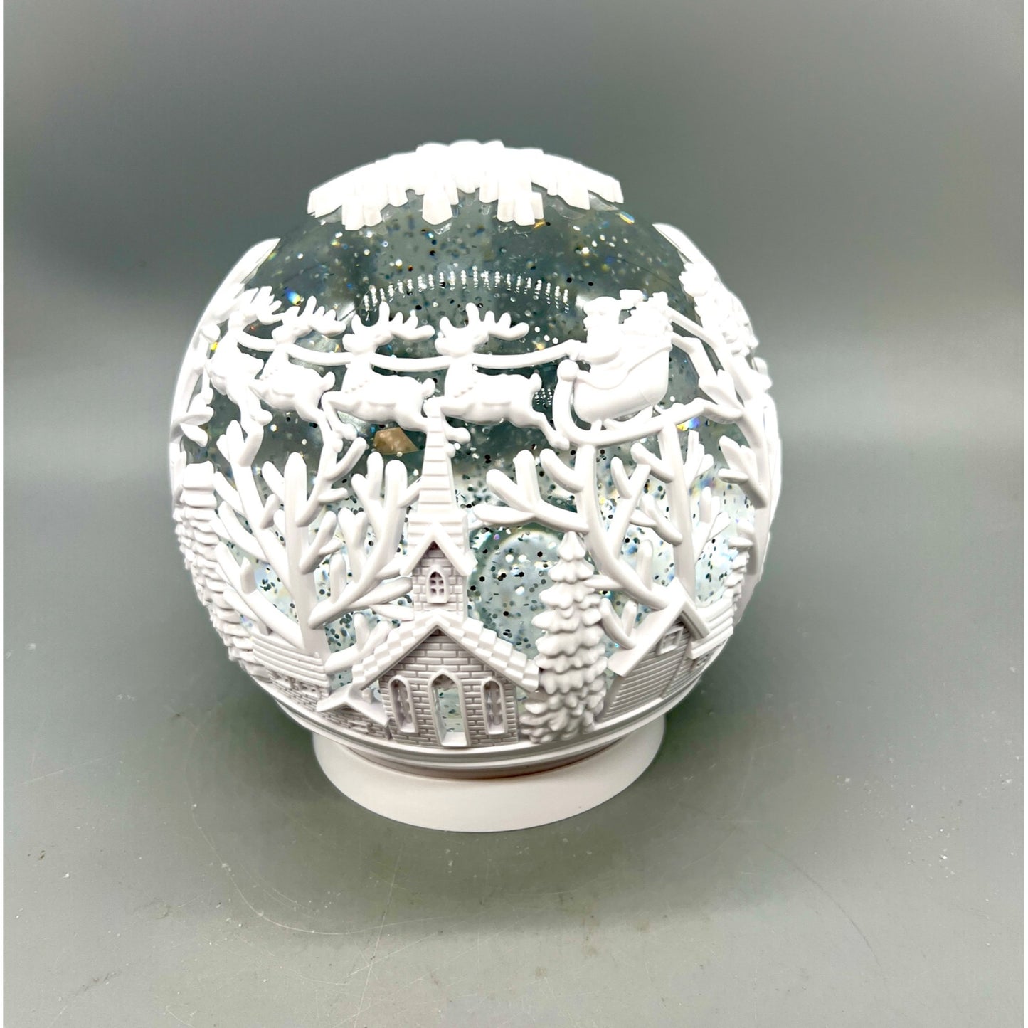 White Acrylic LED Spinning Water Globe With Church Scene & Snowflake Design 6.5”