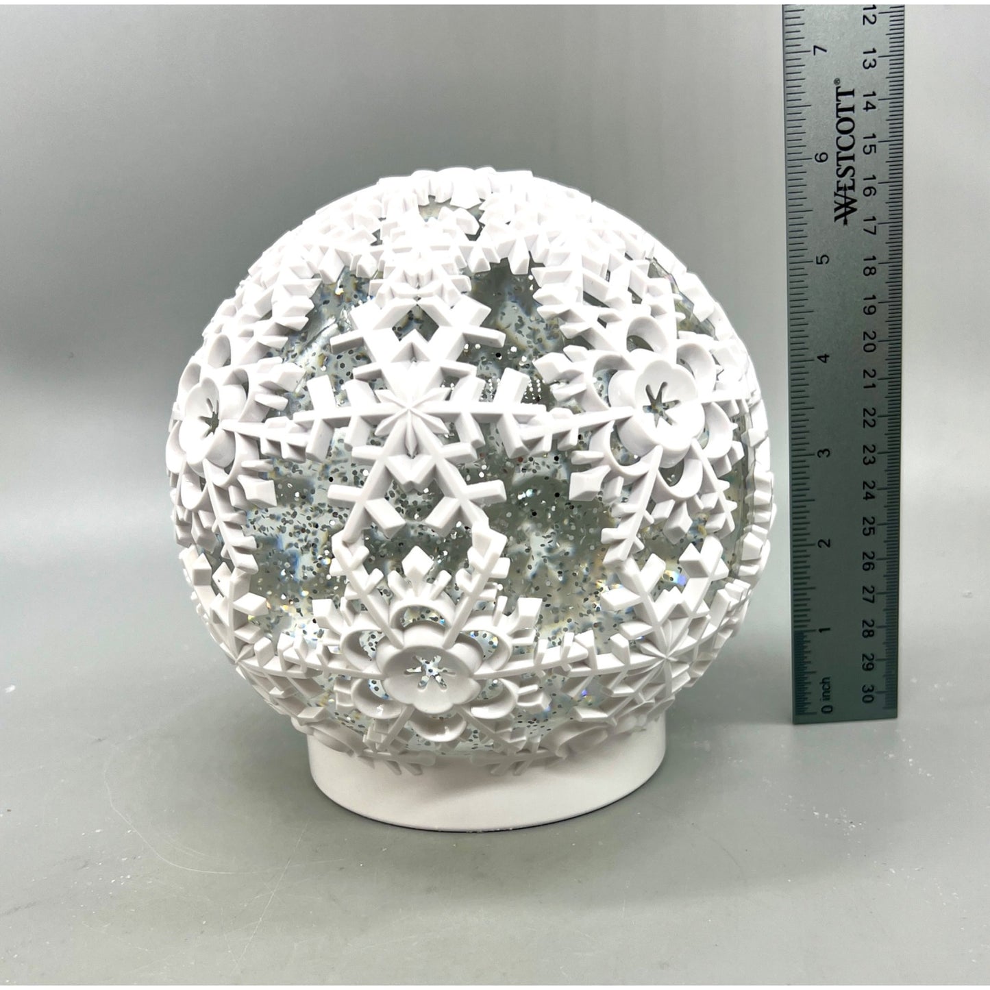 White Acrylic LED Spinning Water Globe With Church Scene & Snowflake Design 6.5”