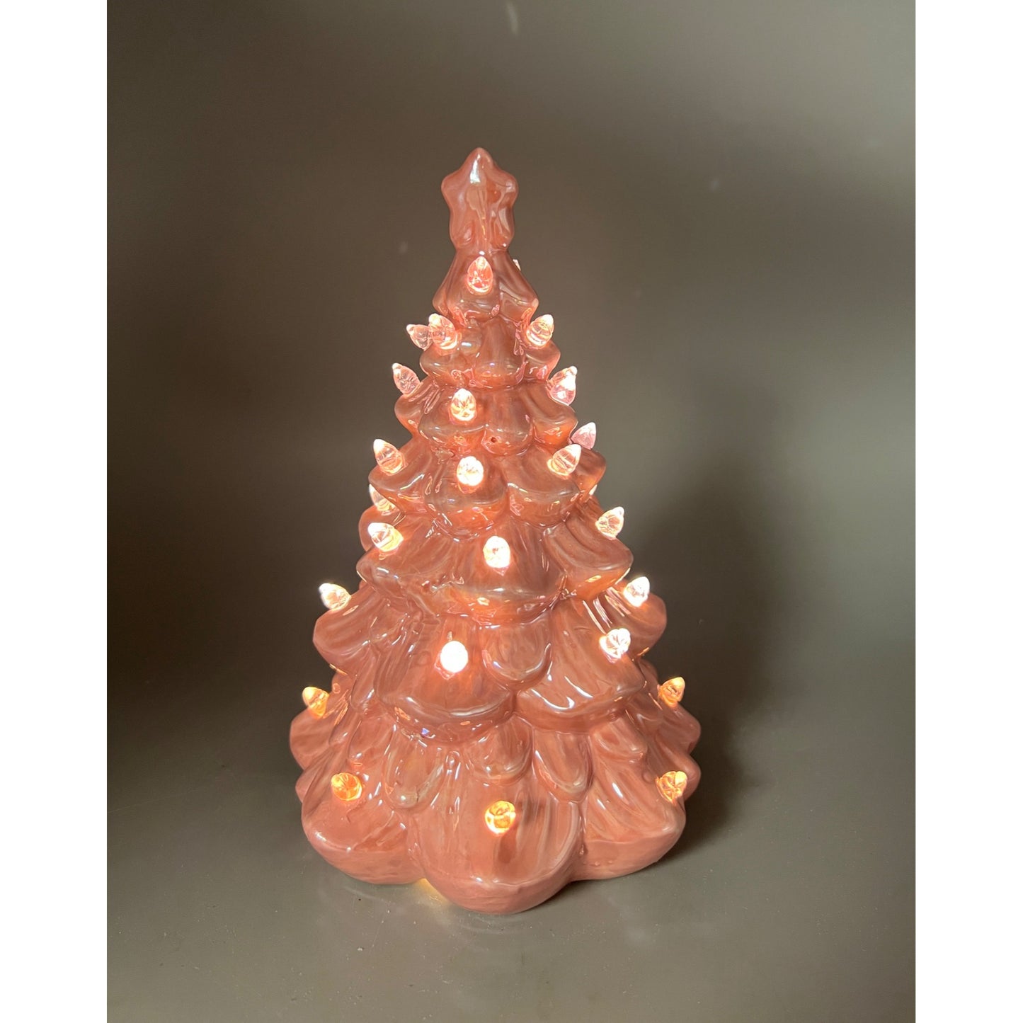 Vintage-Inspired 8" Pink Ceramic Christmas Tree With LED Lights & Clear Bulbs Battery Operated