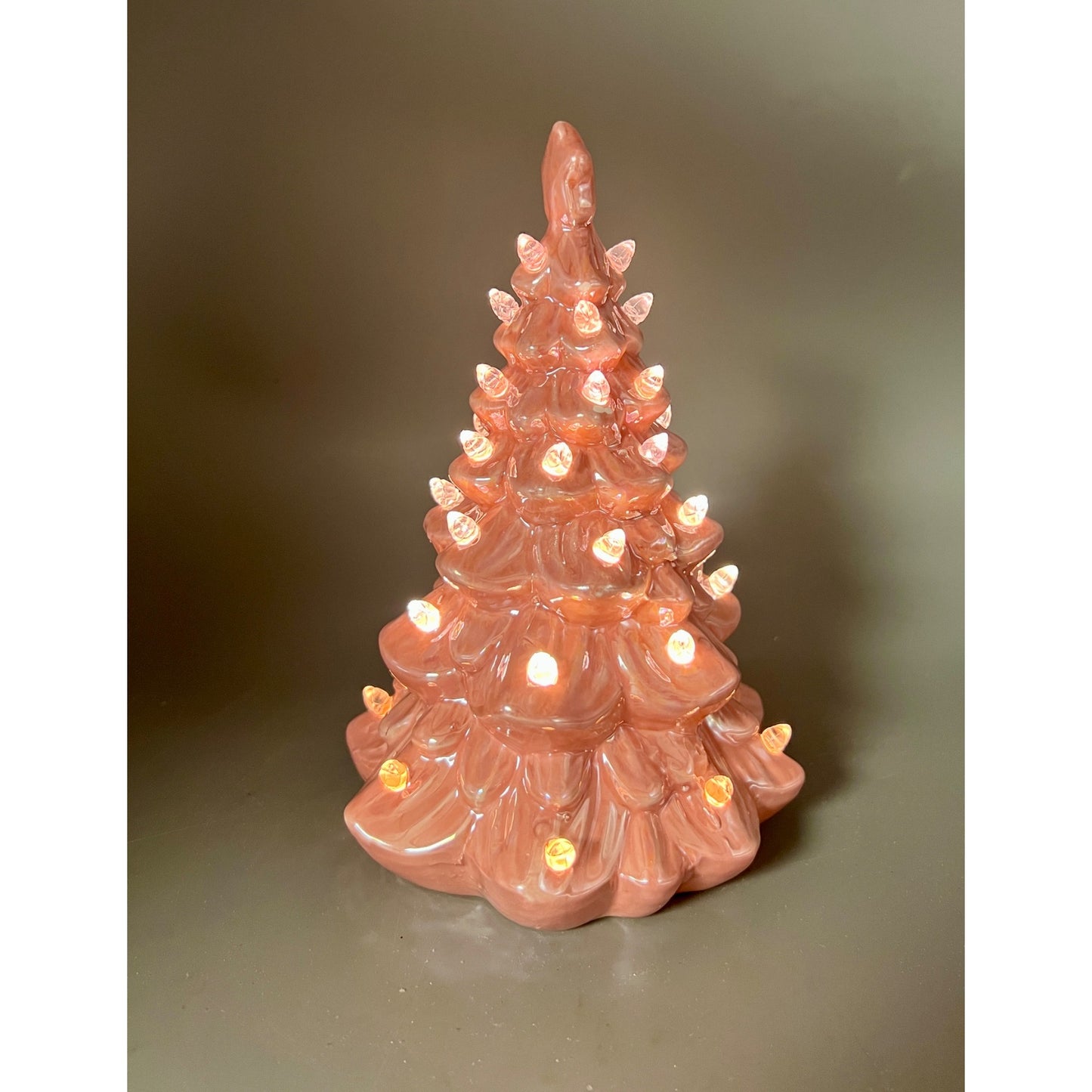 Vintage-Inspired 8" Pink Ceramic Christmas Tree With LED Lights & Clear Bulbs Battery Operated