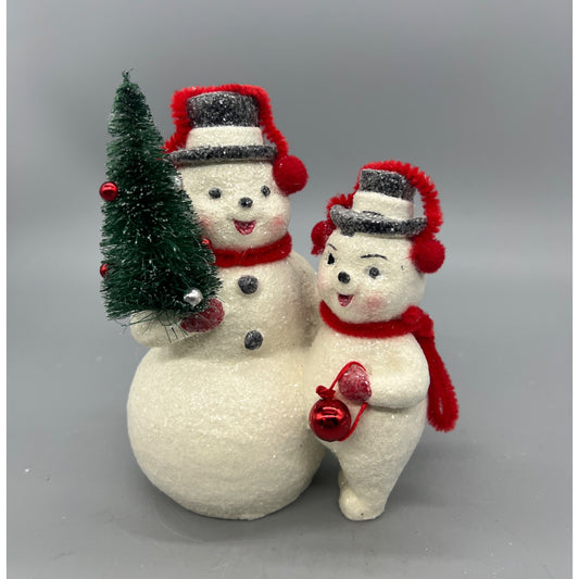 Vintage-Style Glittered Snowmen Figurine W/Red Earmuffs & Scarf Holding Tree & Ornament  6.25 Inches Hand Decorated