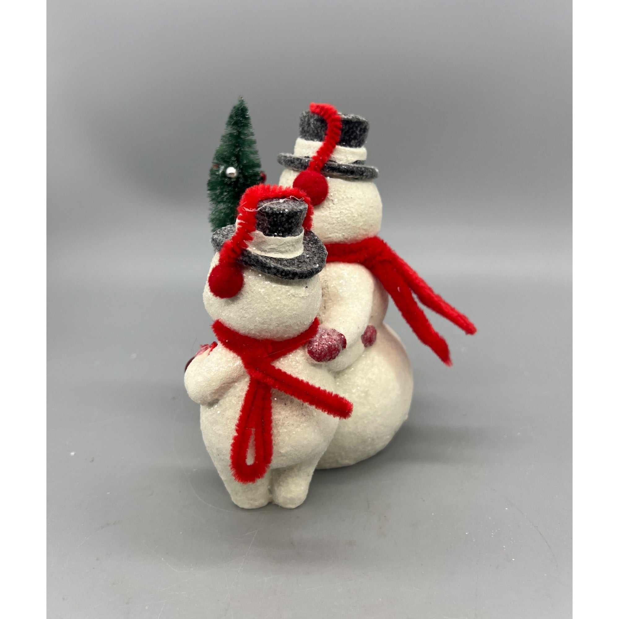 Vintage-Style Glittered Snowmen Figurine W/Red Earmuffs & Scarf Holding Tree & Ornament  6.25 Inches Hand Decorated
