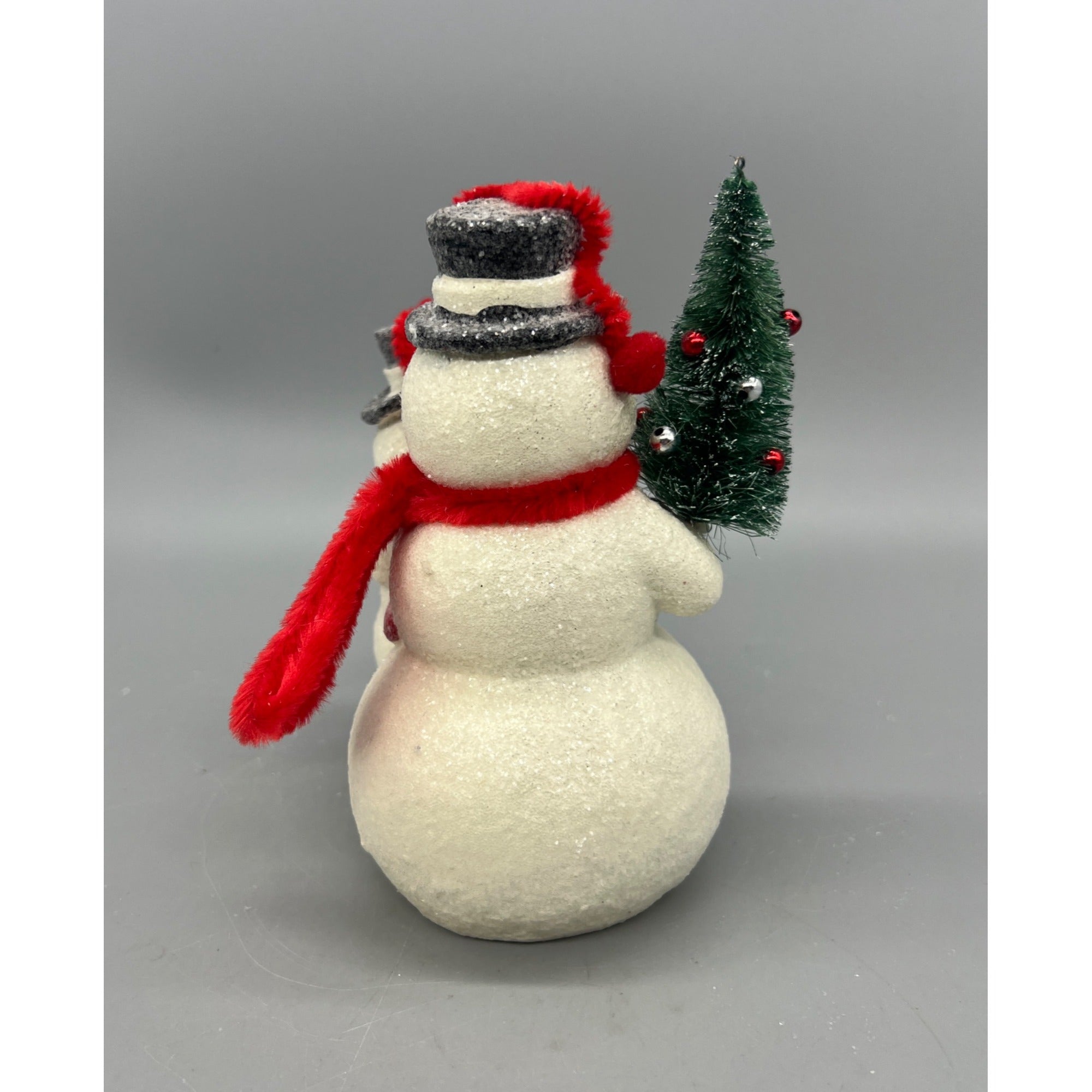 Vintage-Style Glittered Snowmen Figurine W/Red Earmuffs & Scarf Holding Tree & Ornament  6.25 Inches Hand Decorated