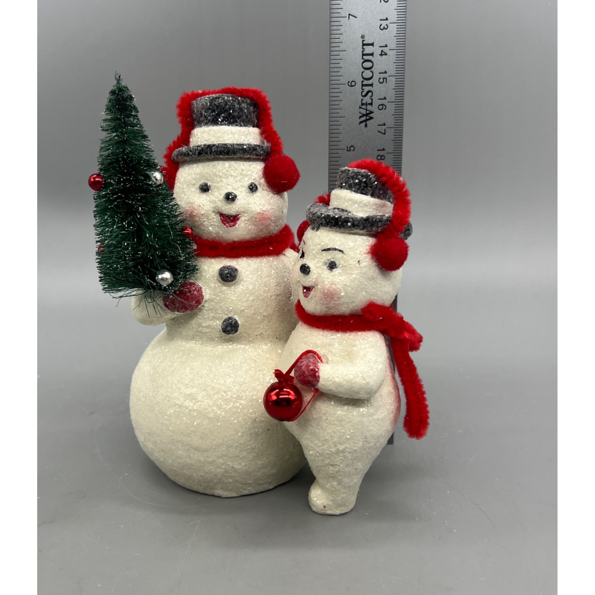 Vintage-Style Glittered Snowmen Figurine W/Red Earmuffs & Scarf Holding Tree & Ornament  6.25 Inches Hand Decorated
