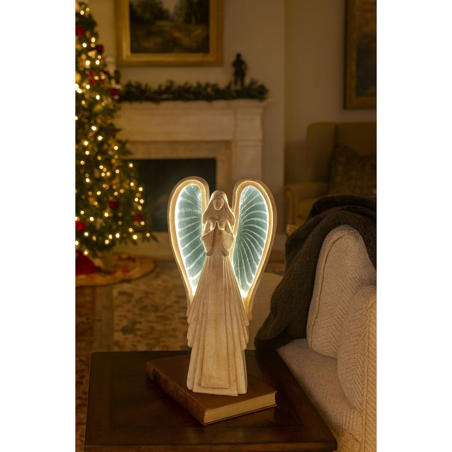 Praying Angel Figurine With LED Infinity Light Wings 15.5" H USB Cord Included Elegant Home Décor Accent