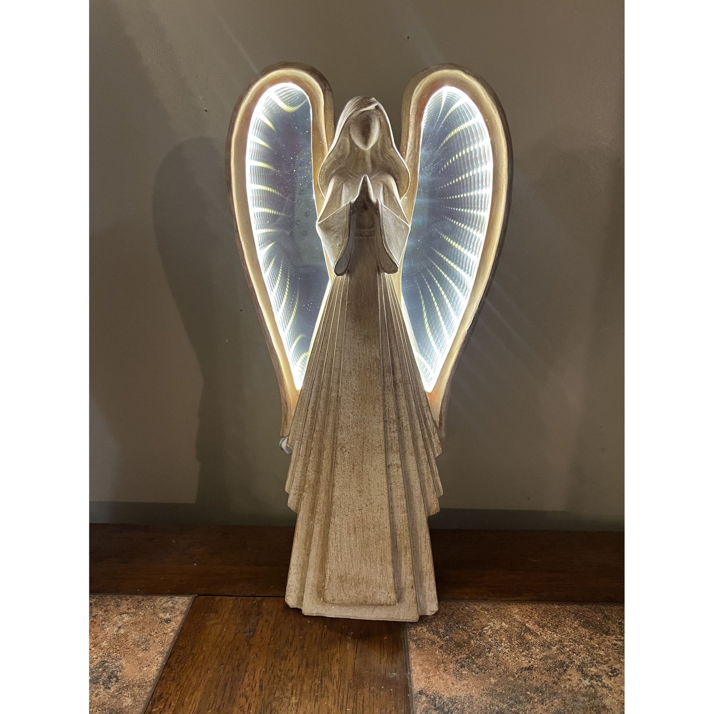 Praying Angel Figurine With LED Infinity Light Wings 15.5" H USB Cord Included Elegant Home Décor Accent