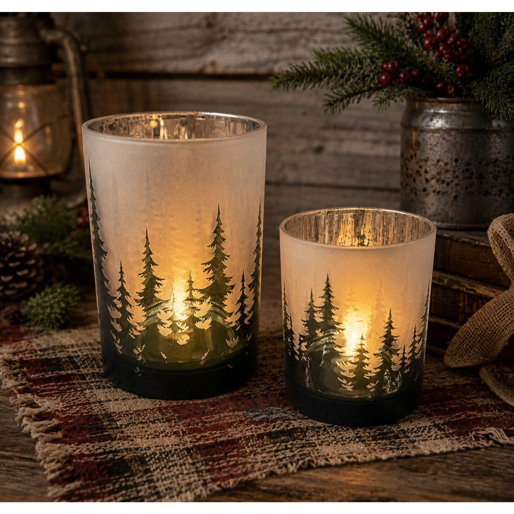 Frosted Forest Glass Candle Holder Set, 5” & 7” Hand Finished Mercury Glass Votive Holders, Winter Woodland Christmas Decor, Set of 2