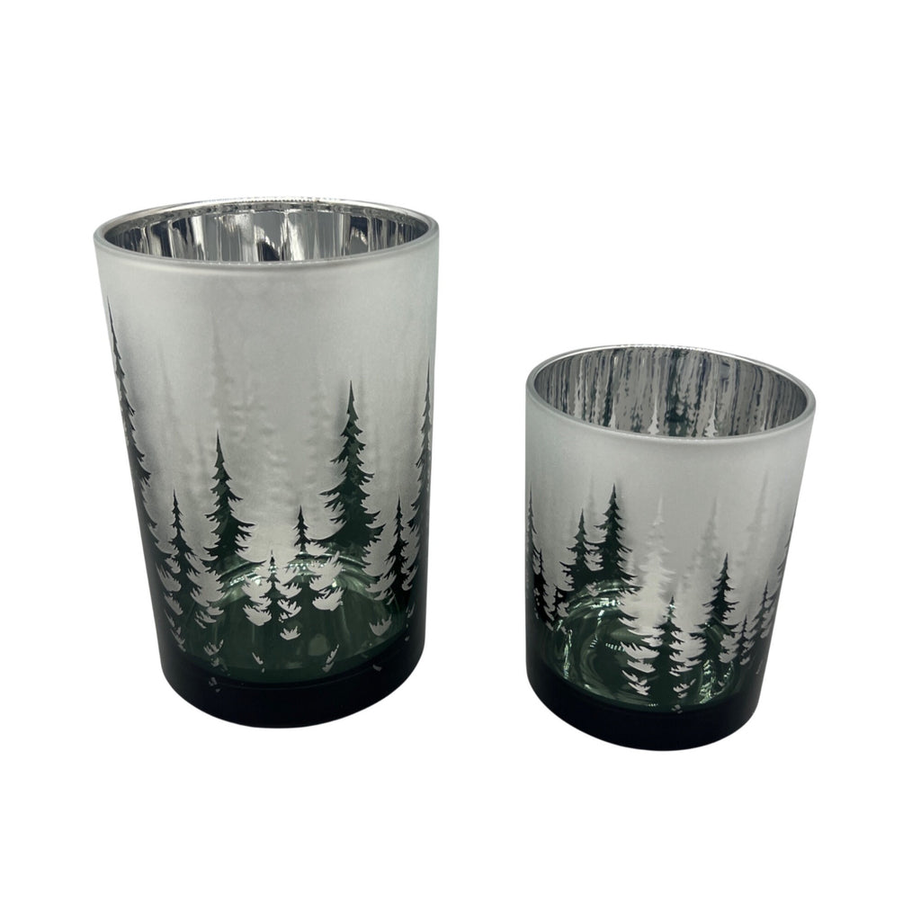 Frosted Forest Glass Candle Holder Set, 5” & 7” Hand Finished Mercury Glass Votive Holders, Winter Woodland Christmas Decor, Set of 2
