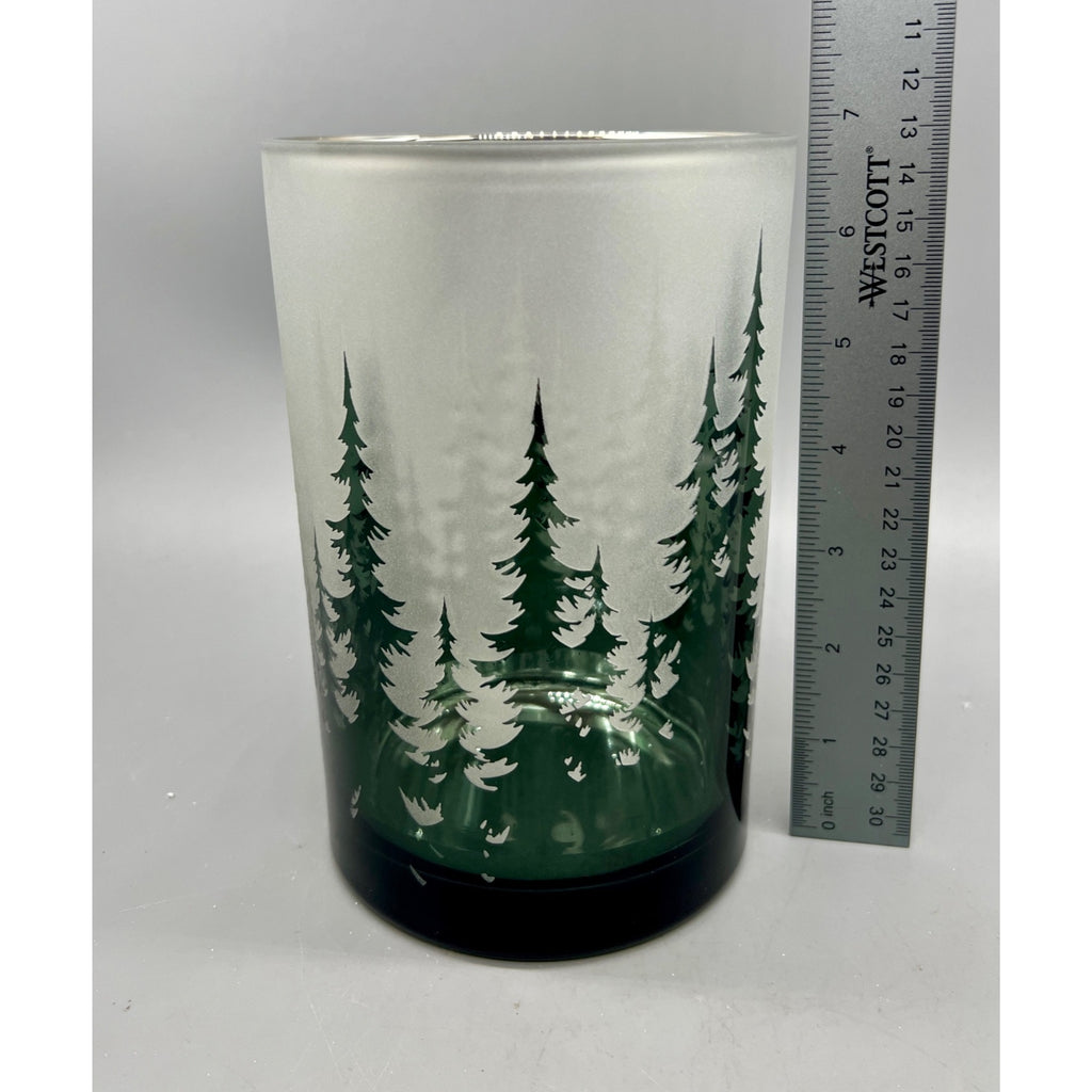 Frosted Forest Glass Candle Holder Set, 5” & 7” Hand Finished Mercury Glass Votive Holders, Winter Woodland Christmas Decor, Set of 2