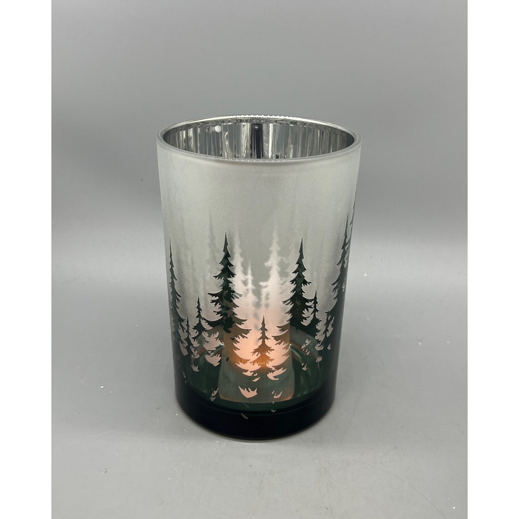 Frosted Forest Glass Candle Holder Set, 5” & 7” Hand Finished Mercury Glass Votive Holders, Winter Woodland Christmas Decor, Set of 2