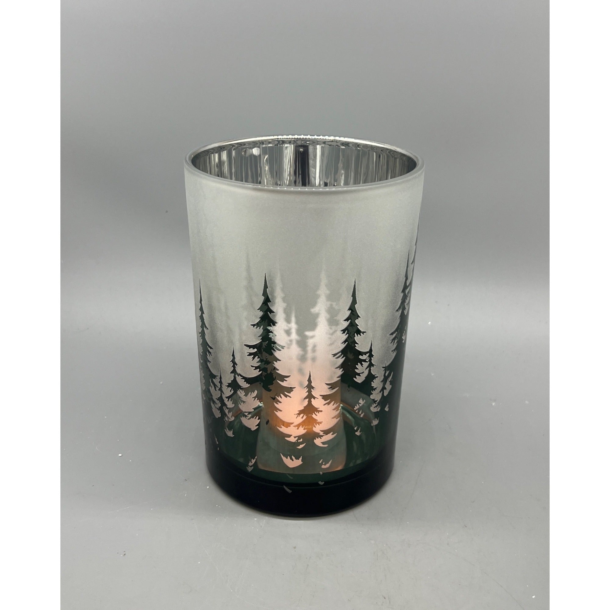 Frosted Forest Glass Candle Holder Set, 5” & 7” Hand Finished Mercury Glass Votive Holders, Winter Woodland Christmas Decor, Set of 2