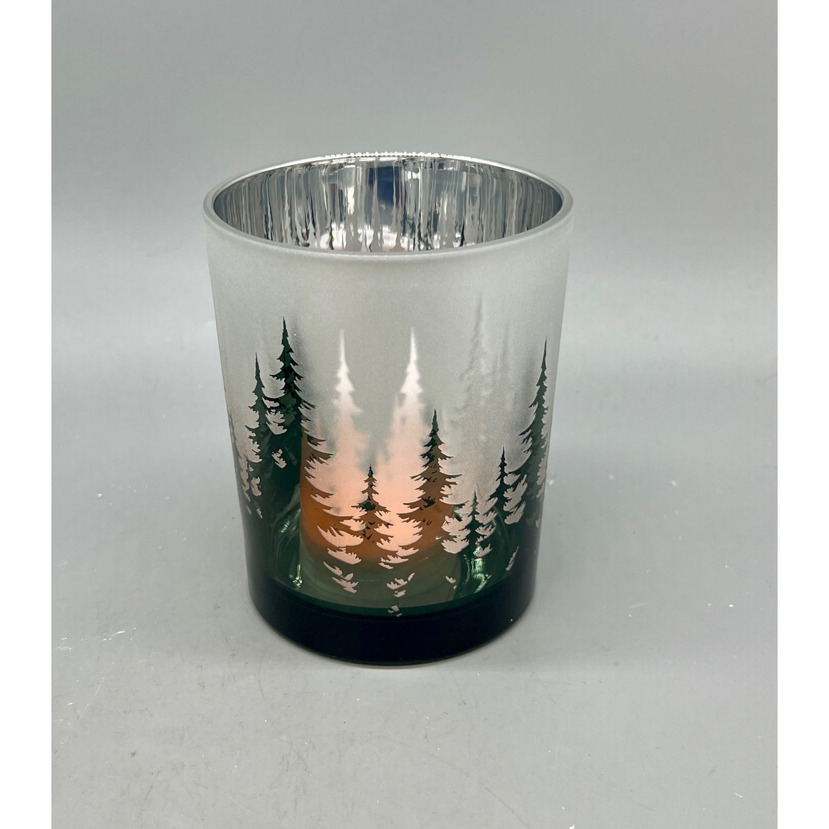 Frosted Forest Glass Candle Holder Set, 5” & 7” Hand Finished Mercury Glass Votive Holders, Winter Woodland Christmas Decor, Set of 2