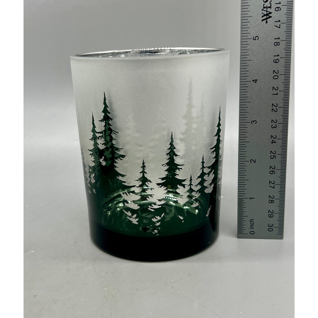Frosted Forest Glass Candle Holder Set, 5” & 7” Hand Finished Mercury Glass Votive Holders, Winter Woodland Christmas Decor, Set of 2
