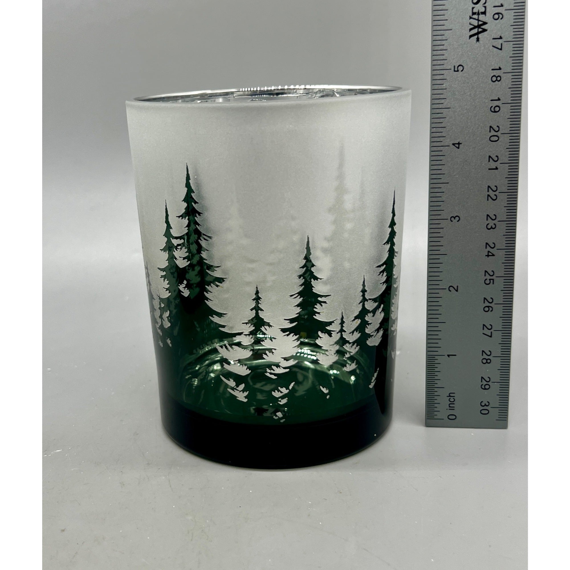 Frosted Forest Glass Candle Holder Set, 5” & 7” Hand Finished Mercury Glass Votive Holders, Winter Woodland Christmas Decor, Set of 2