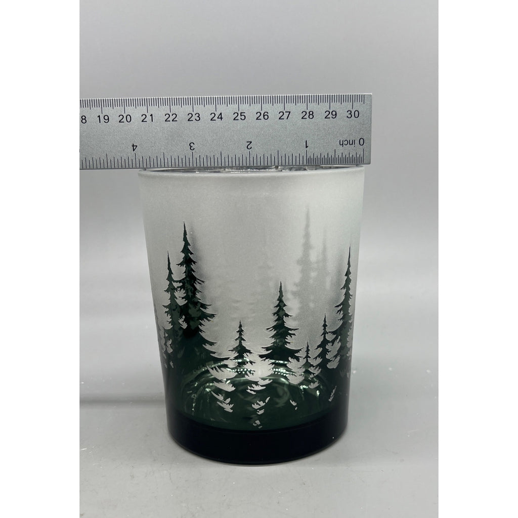 Frosted Forest Glass Candle Holder Set, 5” & 7” Hand Finished Mercury Glass Votive Holders, Winter Woodland Christmas Decor, Set of 2