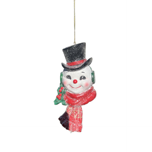 Vintage Snowman Head Ornament – Retro Christmas Tree Decoration with Top Hat & Scarf 7"