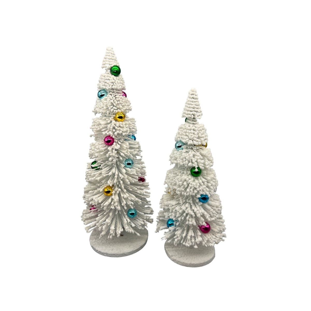 Flocked White Bottle Brush Christmas Tree w/ Colorful Baubles - 13" or 16" (Sold Separately)
