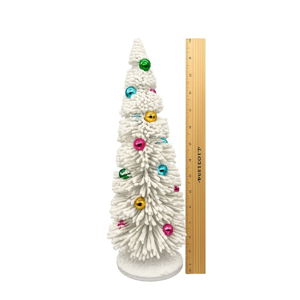 Flocked White Bottle Brush Christmas Tree w/ Colorful Baubles - 13" or 16" (Sold Separately)