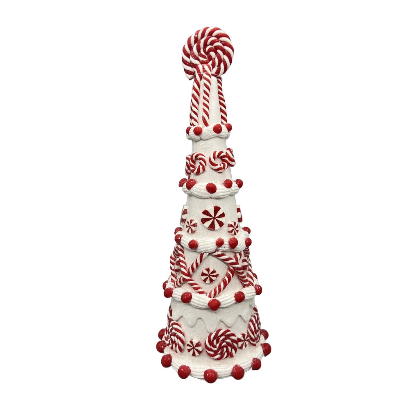 Hand Decorated Candy Cane-Inspired Glitter Christmas Tree Decoration 10.75" With Peppermint Swirl Topper