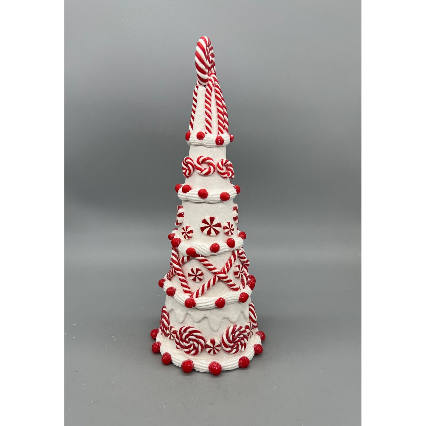 Hand Decorated Candy Cane-Inspired Glitter Christmas Tree Decoration 10.75" With Peppermint Swirl Topper