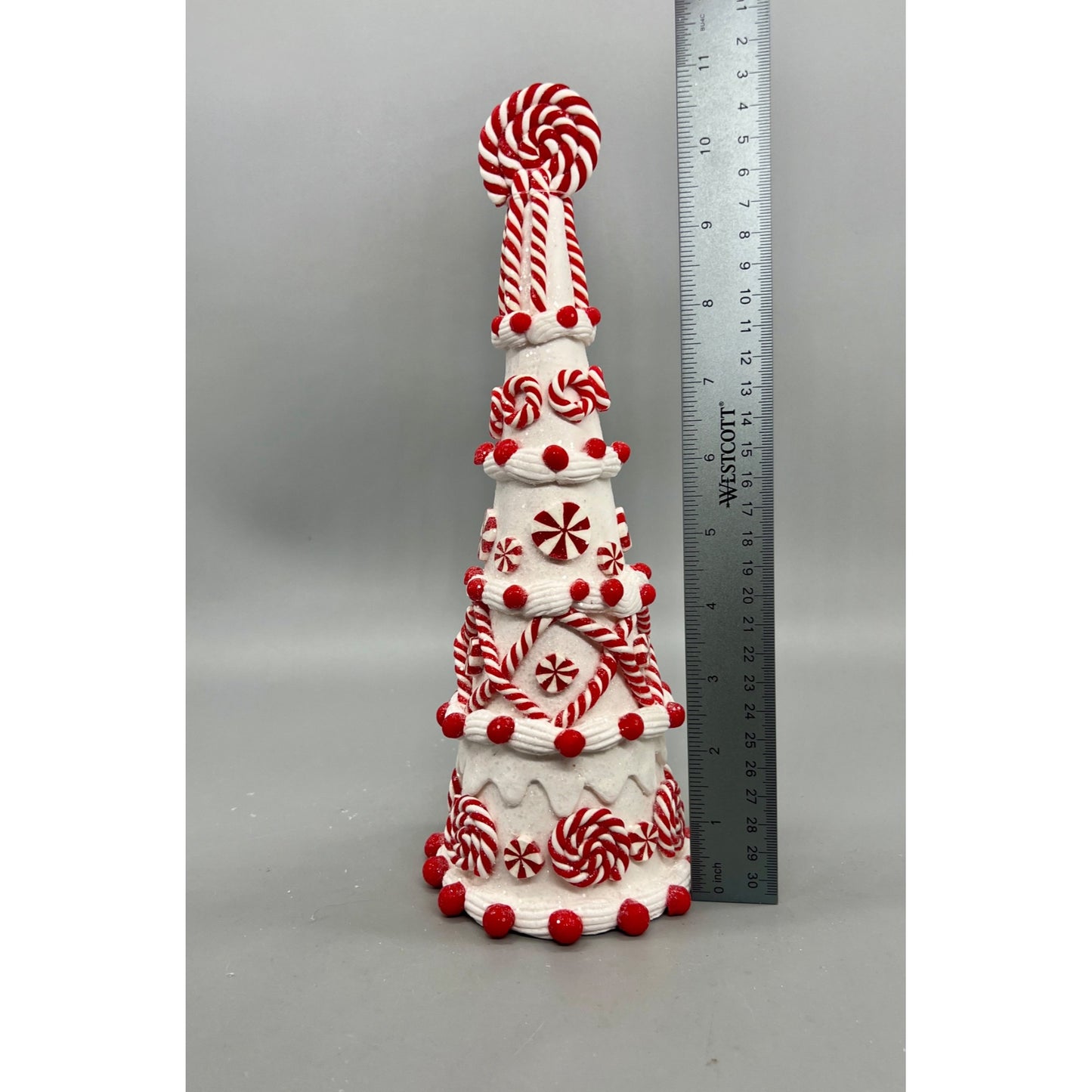 Hand Decorated Candy Cane-Inspired Glitter Christmas Tree Decoration 10.75" With Peppermint Swirl Topper