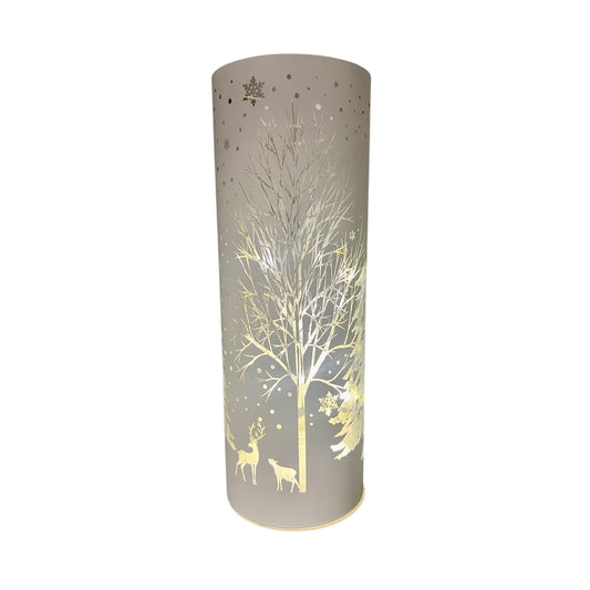 White Laser Engraved Winter Scene LED Light Cylinder 10" Tall