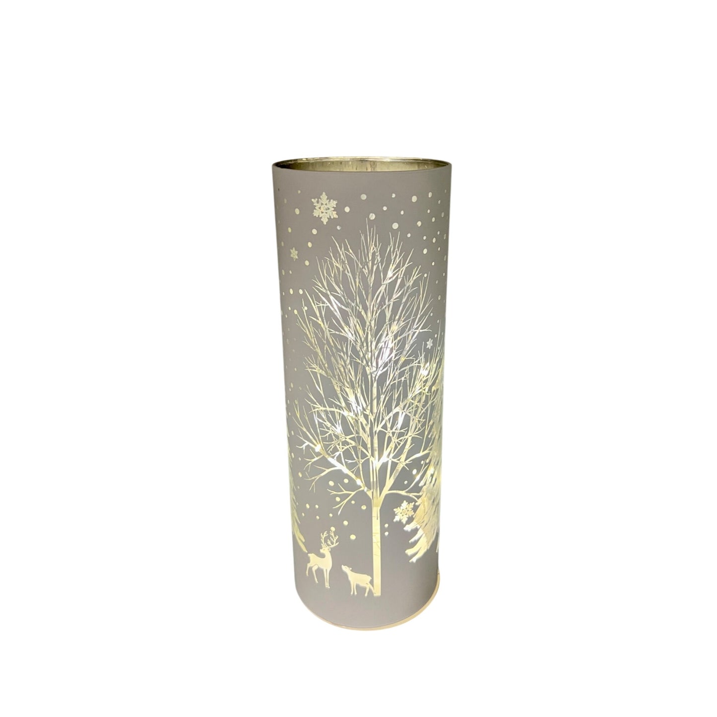 White Laser Engraved Winter Scene LED Light Cylinder 10" Tall