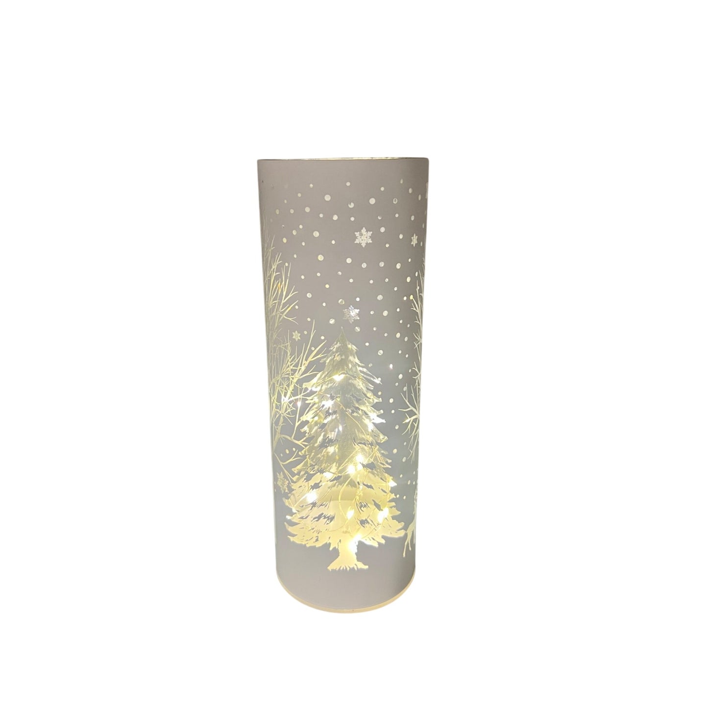 White Laser Engraved Winter Scene LED Light Cylinder 10" Tall