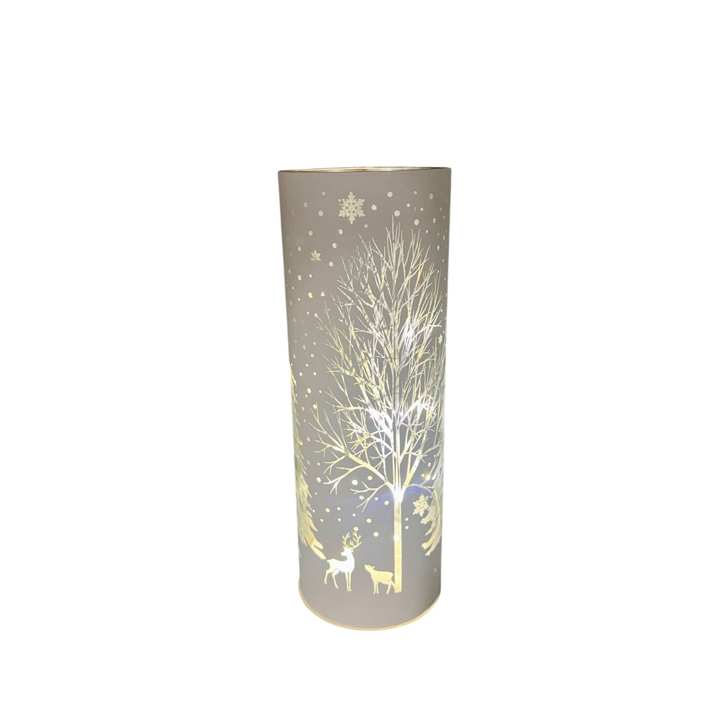 White Laser Engraved Winter Scene LED Light Cylinder 10" Tall