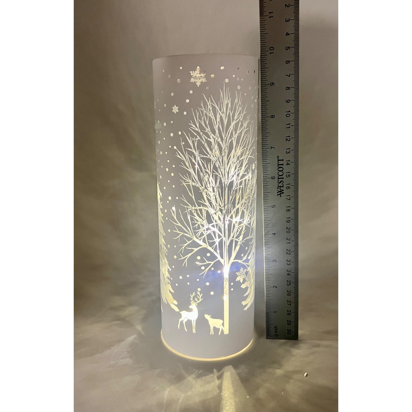 White Laser Engraved Winter Scene LED Light Cylinder 10" Tall