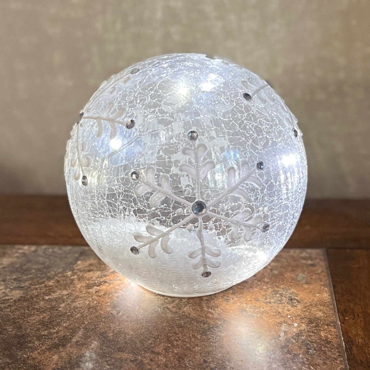 Crackle Glass Snowflake Globe LED Light 6.5" Decorative Frosted Winter Accent